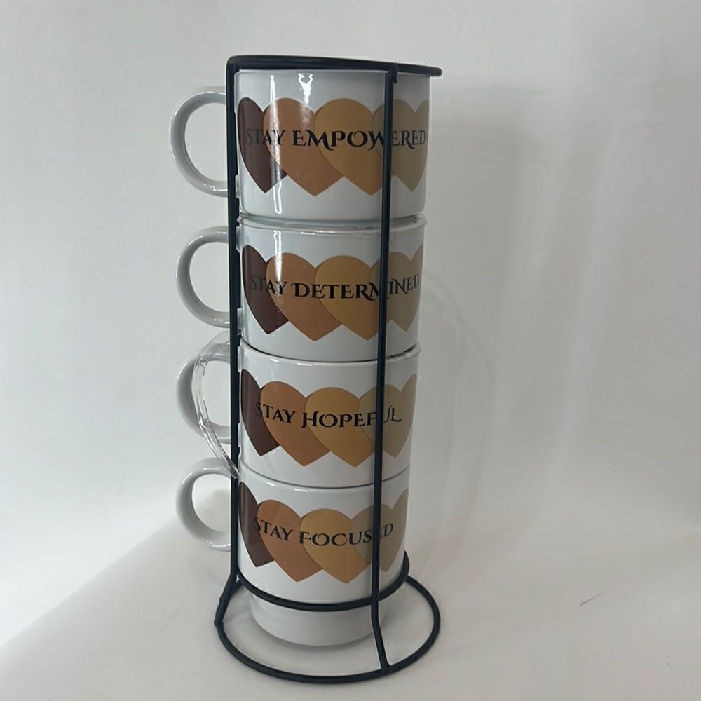 Motivational Coffee Mugs Set 4 With Metal Stand 16 Oz Each 12 In Tall 4 In Round